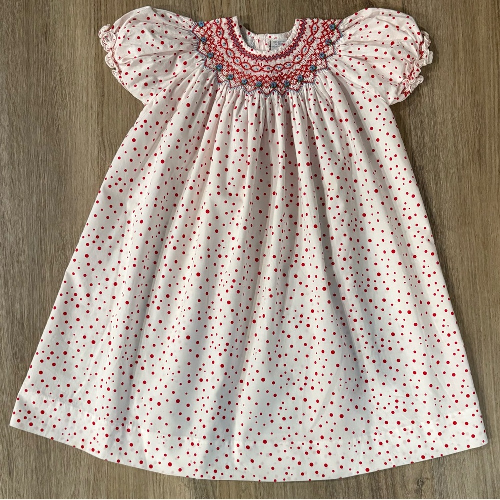 Carriage Boutique Smocked White Dress with Red Polka Dots-size 4T